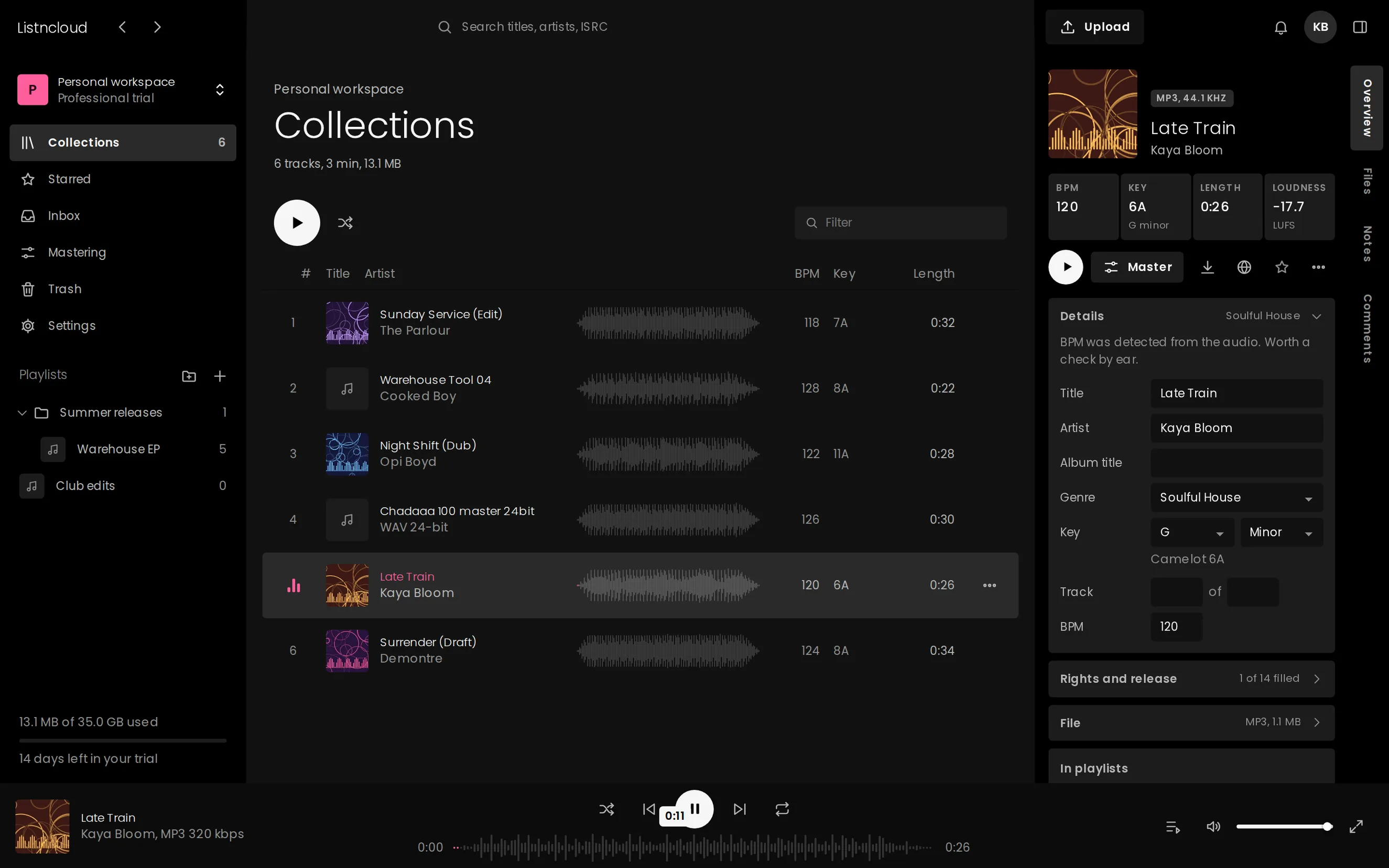 The whole Listncloud platform: the library with waveforms, playlists and folders, a track's details, and the player